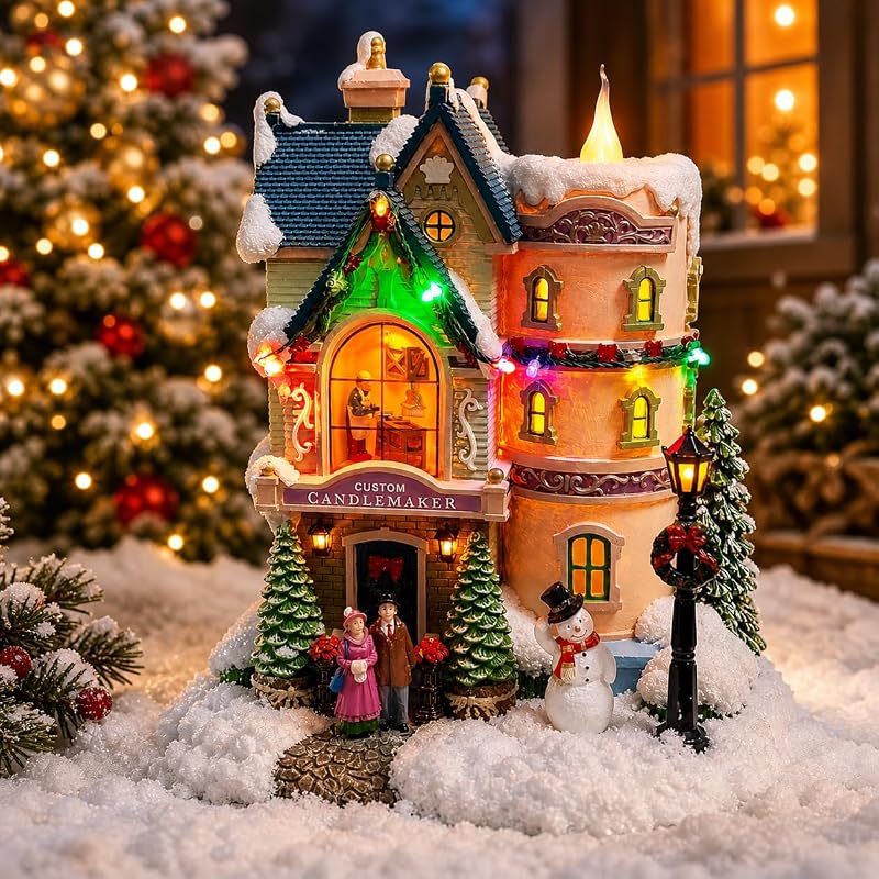 Vintage Candlemaker Christmas Village House with LED Lights & 8 Carols - Hand Painted Polyresin