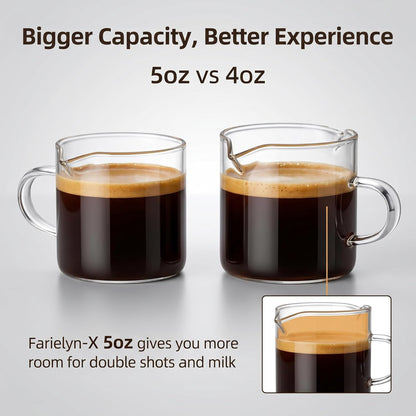 Skiennix Espresso Cups Set - 5 Oz Double Spout Shot Glasses with Handle | Clear Glass Coffee Accessories