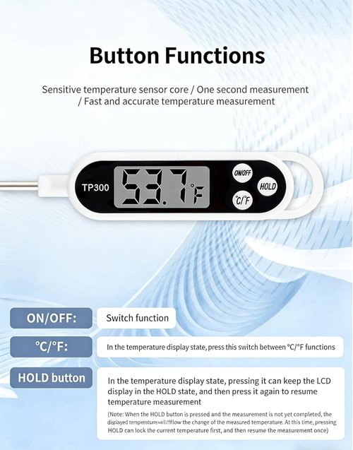 Digital Display Food Thermometer - 304 Stainless Steel Probe, Waterproof, Fast & Accurate Measurements
