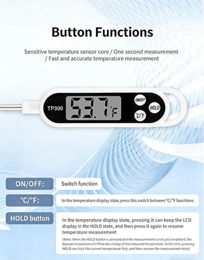Digital Display Food Thermometer - 304 Stainless Steel Probe, Waterproof, Fast & Accurate Measurements