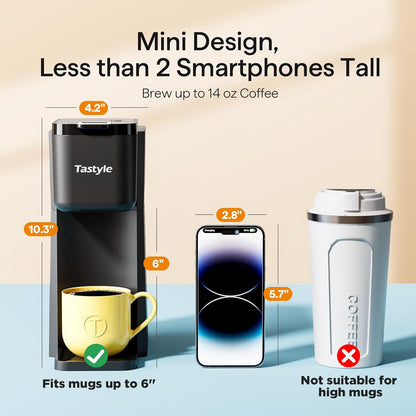 Mini Coffee Maker by [Brand Name] - Hot & Iced Single Serve for K-Cup & Ground Coffee | 6-14 Oz Brew Sizes, Classic Black