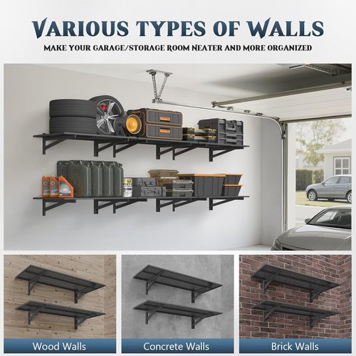 Jusgym Heavy Duty Garage Wall Shelving - 700lbs Capacity | 1.5x4ft Wall Mounted Storage Rack, Black