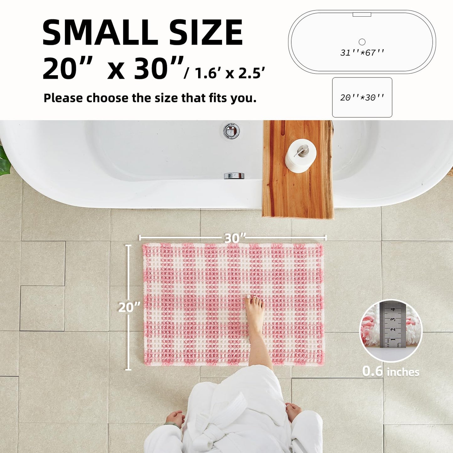 TYUU Waffle Bath Mat, Boho Bathroom Rugs Non Slip Washable Absorbent Checkered Bathroom Mat Quick Dry Cute Bath Mat, 30"x20" Pink and White