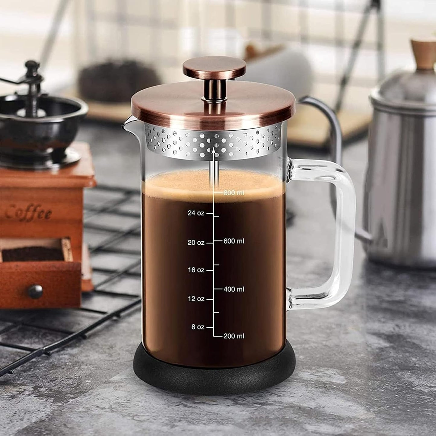 Skiennix French Press Coffee Maker - 34 Ounce Stainless Steel & Borosilicate Glass | 4 Filter System