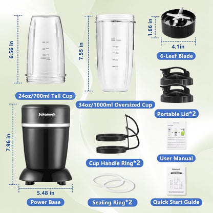 SAKAMOSH 1200W Personal Blender - 12-Piece Portable Combo with 6-Fin Blades & 2 To-Go Cups for Smoothies, Juices & More