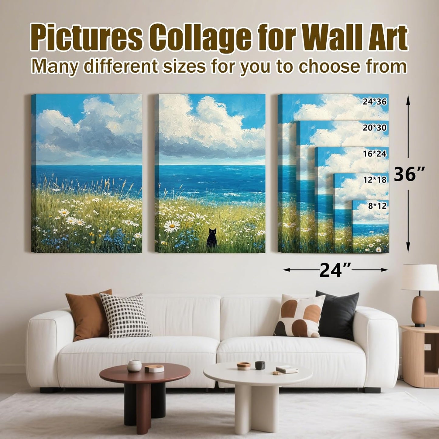 Skiennix Black Cat Canvas Wall Art Set - 3 Piece Abstract Beach Floral Prints | 12"x16" Wrapped Frame