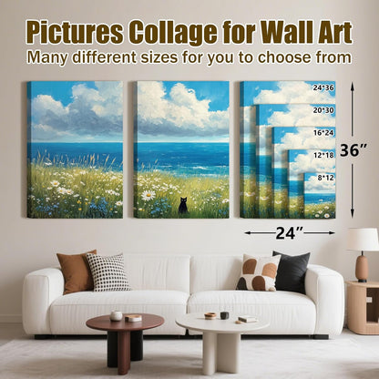 Skiennix Black Cat Canvas Wall Art Set - 3 Piece Abstract Beach Floral Prints | 12"x16" Wrapped Frame