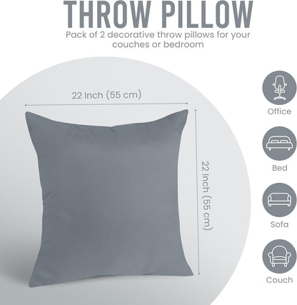 Utopia Bedding 22x22 Pillow Inserts - Set of 2 Grey Decorative Throw Pillows for Sofa & Couch - Soft & Fluffy Cushions