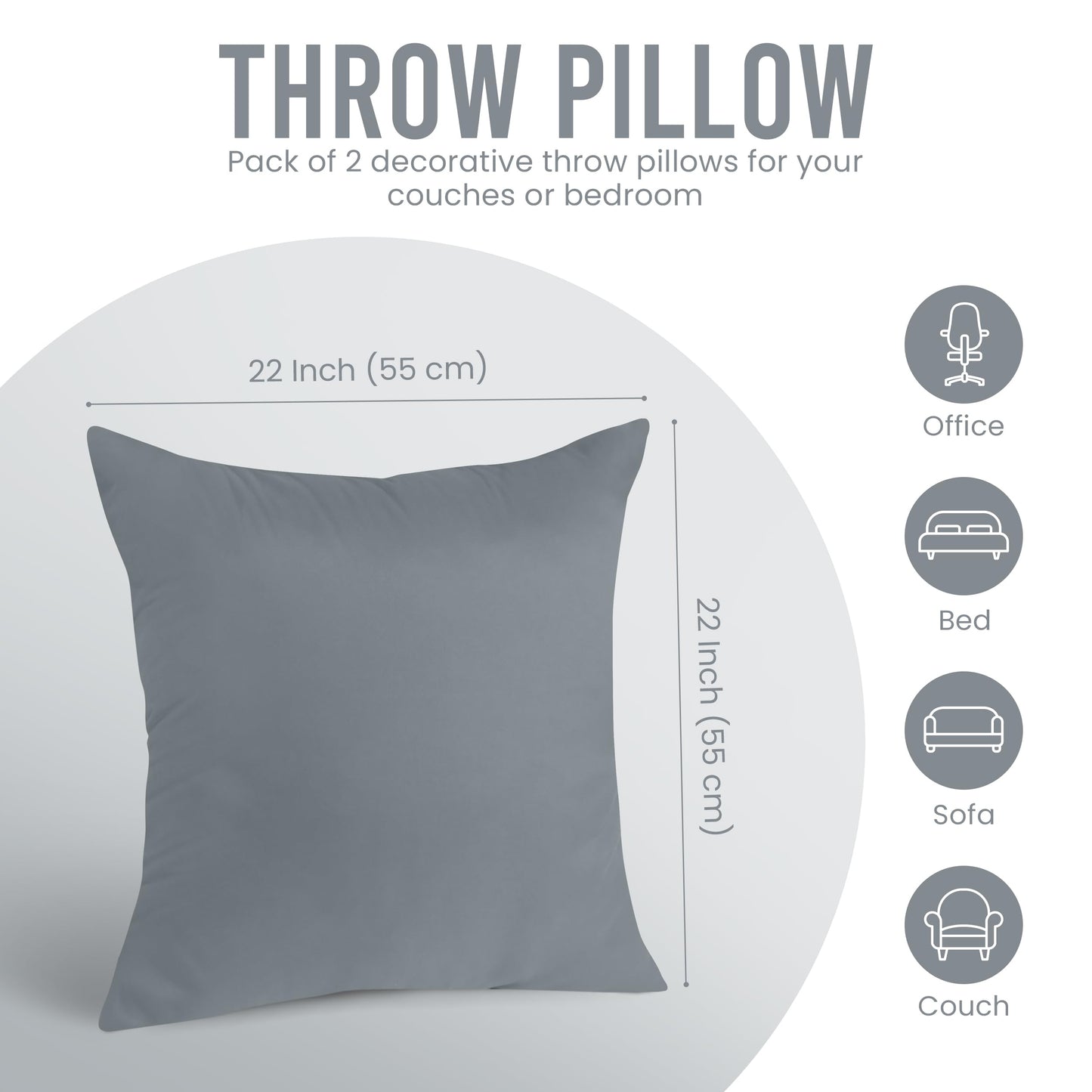 Utopia Bedding 22x22 Pillow Inserts, Set of 2, Grey – Indoor Decorative Throw Pillows for Bed, Sofa & Couch – Soft, Supportive & Fluffy Cushion Inserts