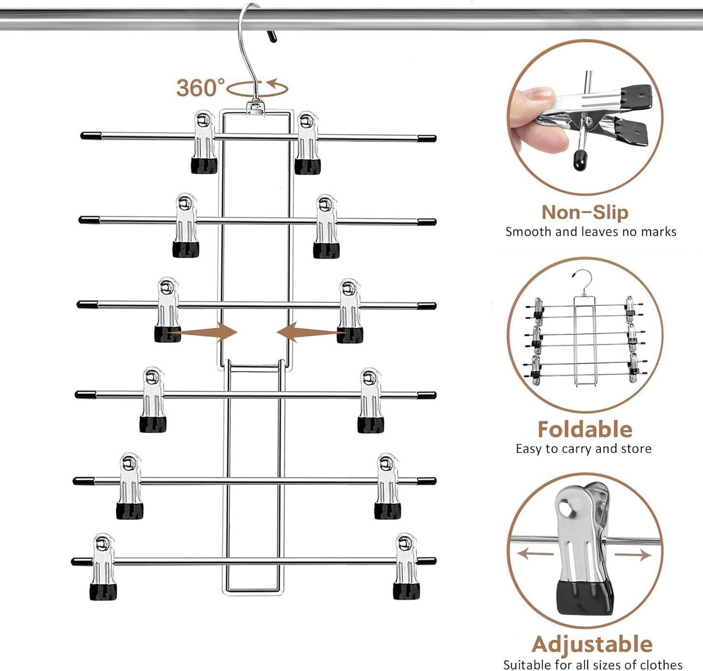 Skiennix Pants Hangers with Clips - Space-Saving 6-Tier Closet Organizer | 360° Swivel Hook - 4 Pack