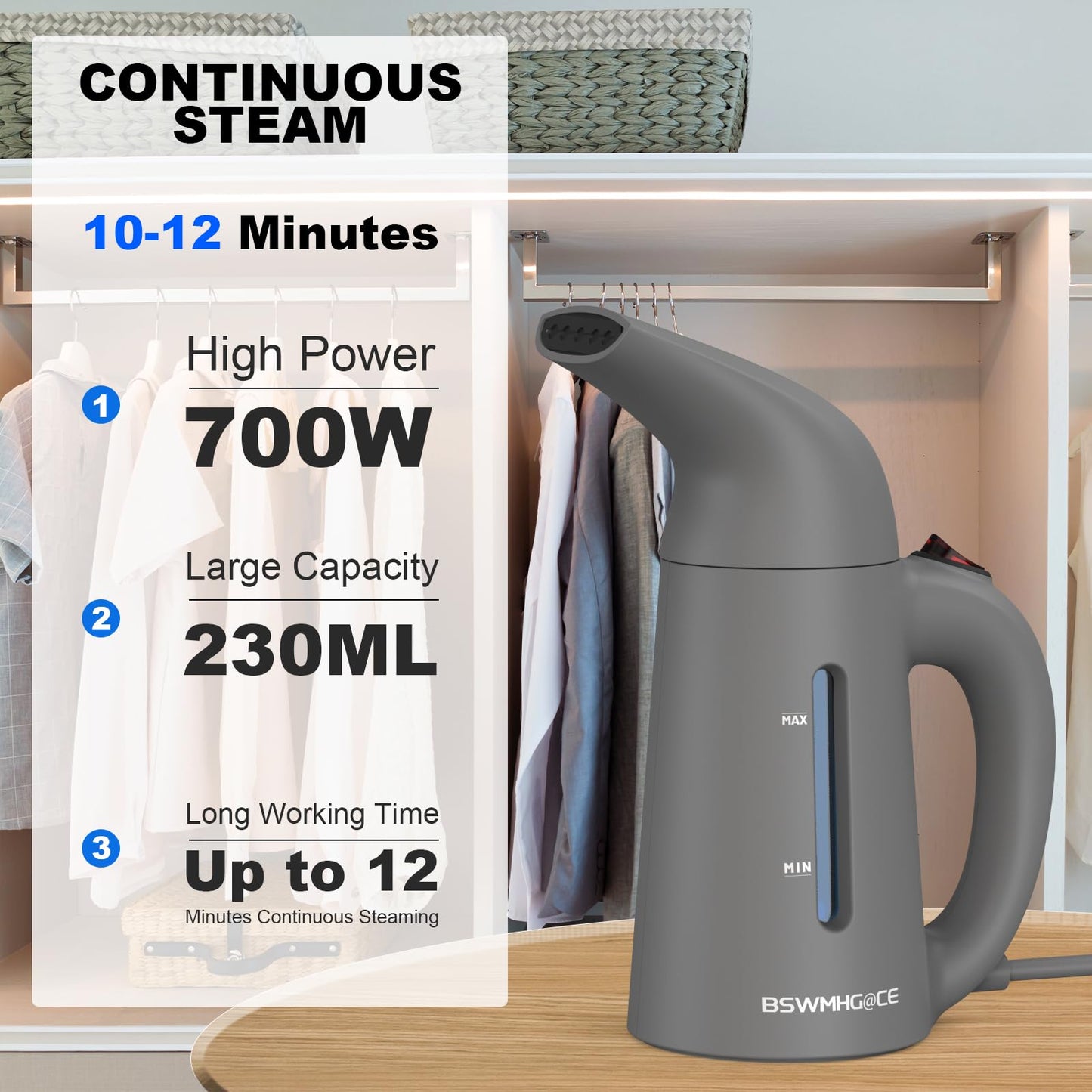 Steamer for Clothes, Handheld Garment Steamer, Portable Clothes Steamer Remove Wrinkle, 180ml Water Tank, 12 minutes Continuous Steam, 2.3 meter Cord, Ideal for ALL Fabrics, One button Design (Gray)