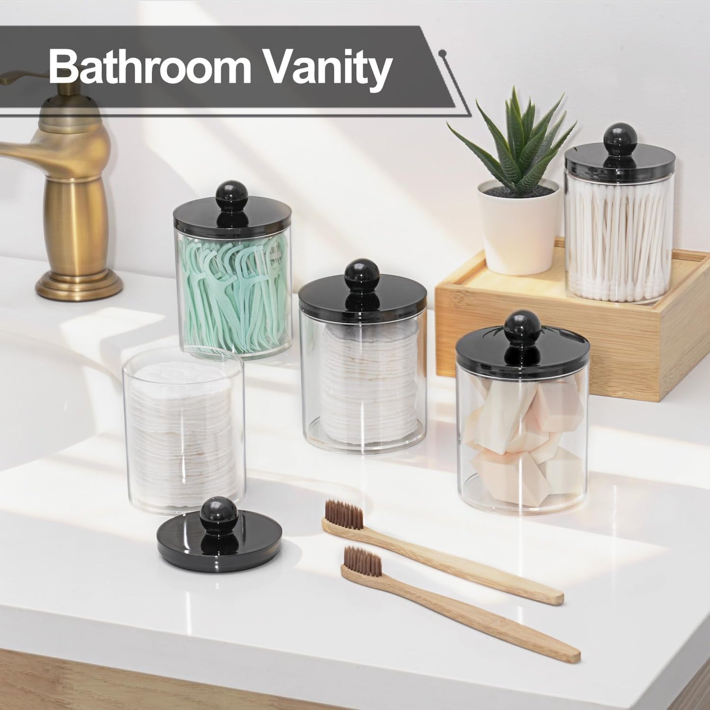 SheeChung Acrylic Qtip Holder Dispenser Set - Clear Bathroom Jars with Lids for Cotton Swabs & Pads | 10oz-12oz