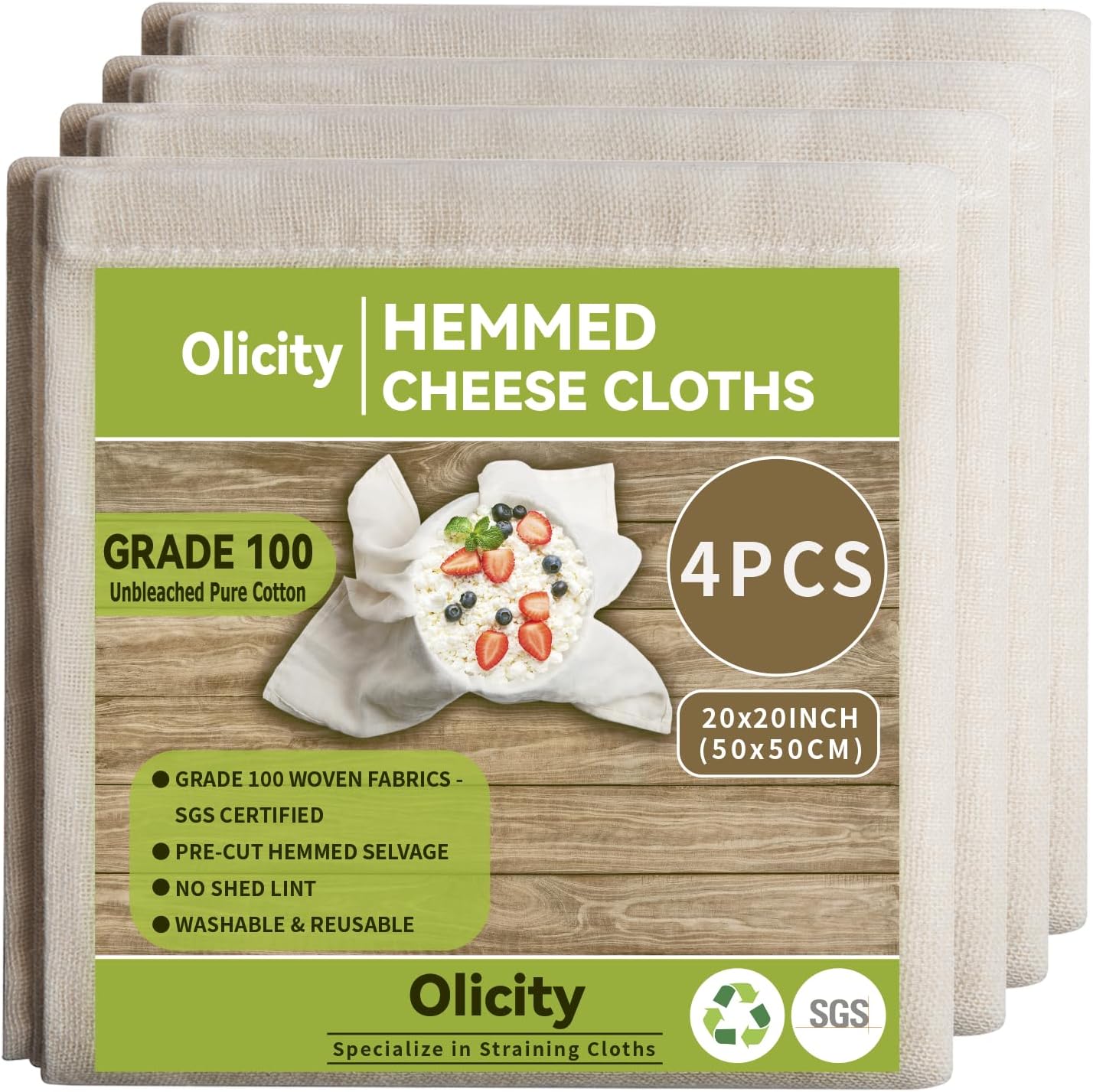 Olicity Cheese Cloths - 100% Cotton Reusable Fine Mesh Strainer | 4PCS, 20x20 Inch Hemmed Design