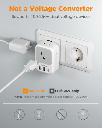 TESSAN European Plug Adapter - 4 Outlets & 3 USB Ports | Type C Travel Charger for Italy, Spain, France, Germany