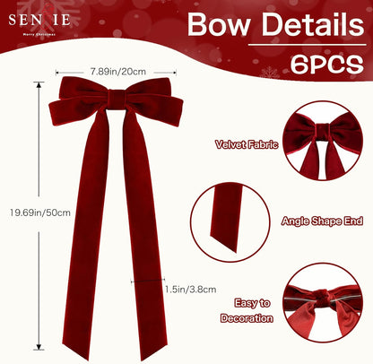 Senjie Velvet Christmas Bows - Large 20in Vintage Ribbon Bows for Staircase Garland & Wreath | 6-Pack Burgundy