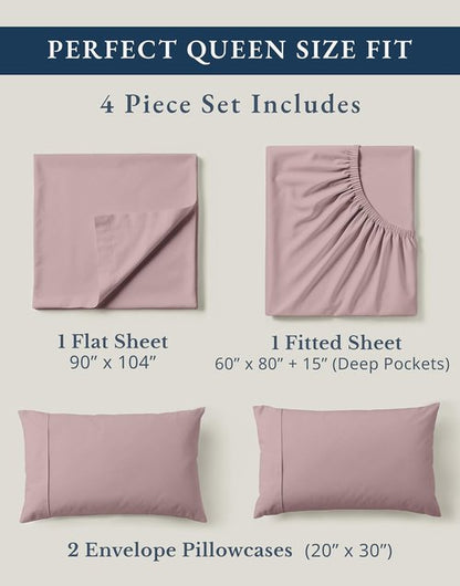 LANE LINEN Queen Size Sheet Set - 100% Organic Cotton, Breathable Percale Weave, Deep Pocket | Lilac, 4 Pc