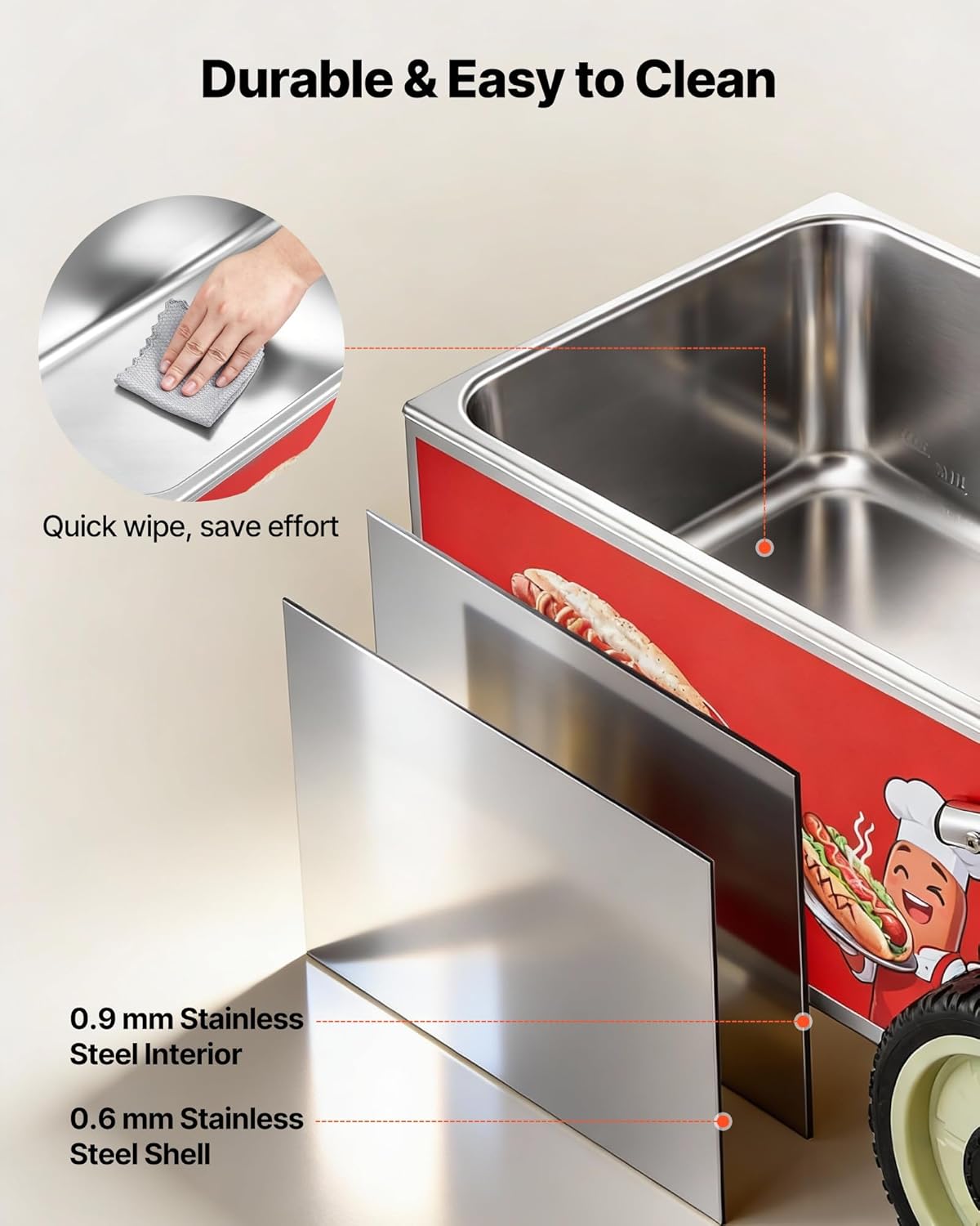 VEVOR Hot Dog Steamer Cart - 1200W Electric Stainless Steel Machine with Adjustable Temp & Portable Design