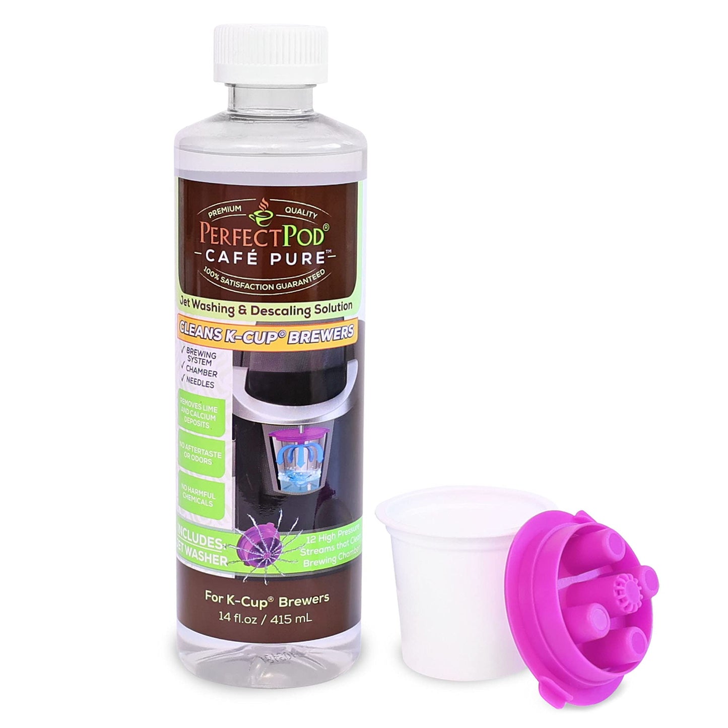 PERFECT POD Cafe Pure Descaling Solution Cleaning Kit with Jet Washer - Compatible with Keurig Coffee Makers, 14 Fl Oz Bottle