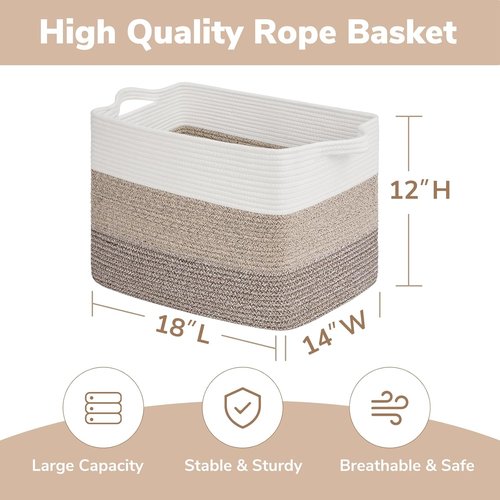 Goodpick Large Cotton Rope Storage Basket - 18"x14"x12" Organizer for Blankets & Toys | Gradient Brown