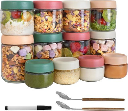 12Pack Glass Food Storage Containers - Airtight Overnight Oats Jars with Lids | 16oz, 8oz & 4oz Sizes