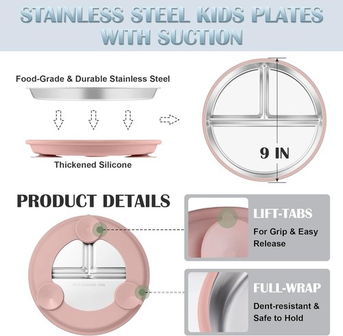 E-far Stainless Steel Toddler Plates - 9" Non-Slip Suction Plates, 4-Pack Divided Baby Dishes, Dishwasher Safe