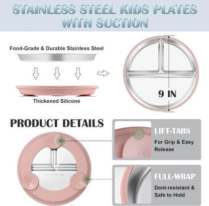 E-far Stainless Steel Toddler Plates - 9" Non-Slip Suction Plates, 4-Pack Divided Baby Dishes, Dishwasher Safe