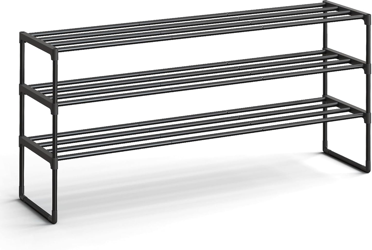 SONGMICS 3-Tier Shoe Rack - Stackable Metal Organizer for 20-24 Pairs | Black, 11.8 x 46.1 x 21.7 Inches