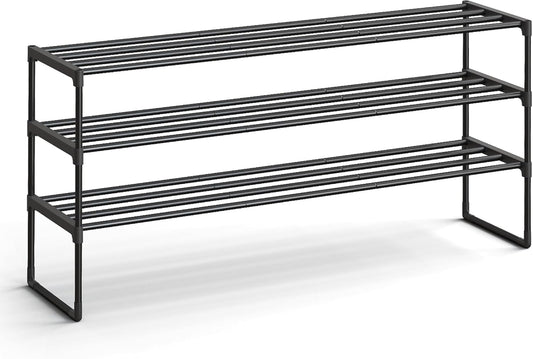 SONGMICS 3-Tier Shoe Rack - Stackable Metal Organizer for 20-24 Pairs | Black, 11.8 x 46.1 x 21.7 Inches