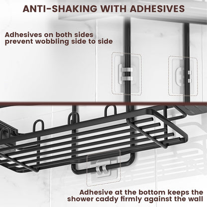 Reinhardt Rustproof Shower Caddy - Anti-Swing Organizer with Soap Holder & Hooks | Black