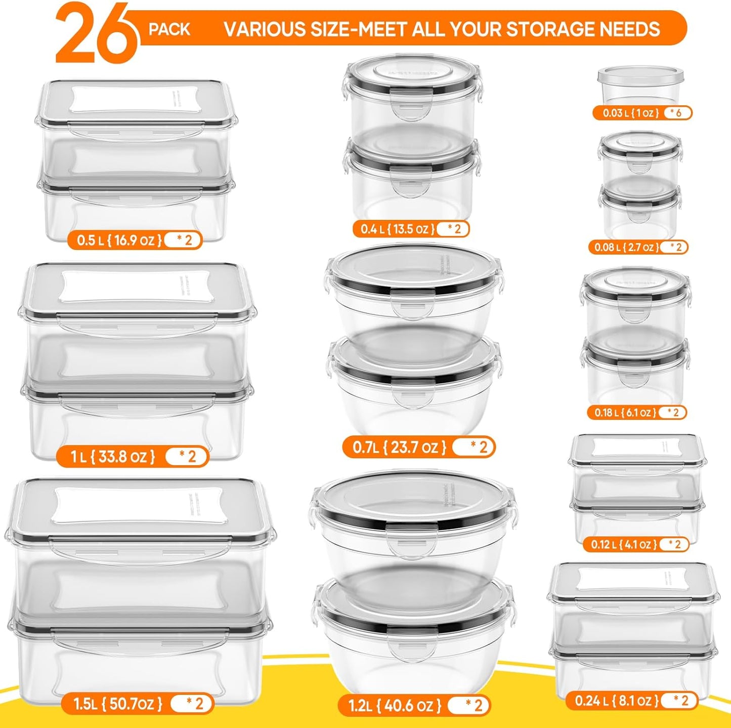 Skiennix 52 PCS Food Storage Containers - Airtight, Leakproof Meal Prep Set | Microwave & Dishwasher Safe