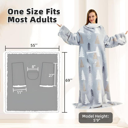 Wearable Blanket with Sleeves - Oversized Snuggle Robe with Christmas Tree Design - 53" x 69"