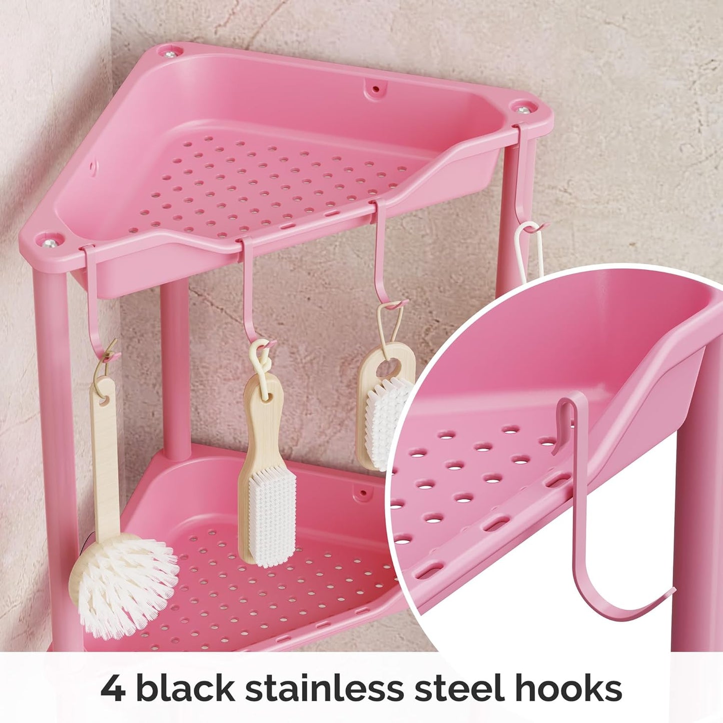 Orimade 4-Tier Rustproof Corner Shower Caddy Organizer - Durable Plastic & Metal, Pink, 10.8 x 10.8 x 44.6 Inches