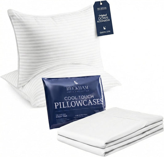 Beckham Hotel Collection Bed Pillows - Cooling Pillowcases for Hot Sleepers | Queen Size Set of 2, Soft Down Alternative