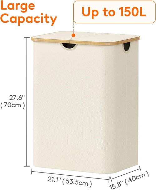 Lifewit 150L Laundry Basket - Foldable Hamper with Lid & Bamboo Handles | White, Large Size