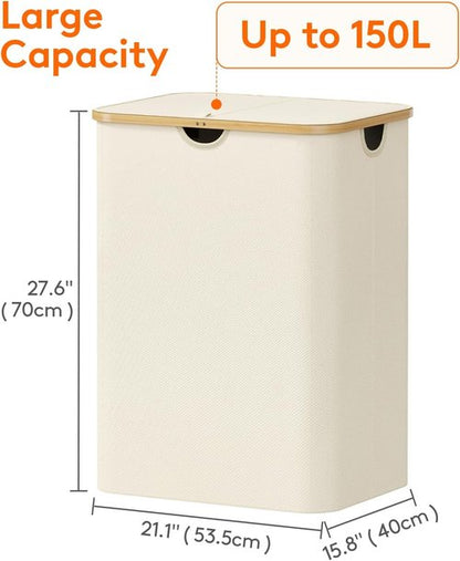 Lifewit 150L Laundry Basket - Foldable Hamper with Lid & Bamboo Handles | White, Large Size