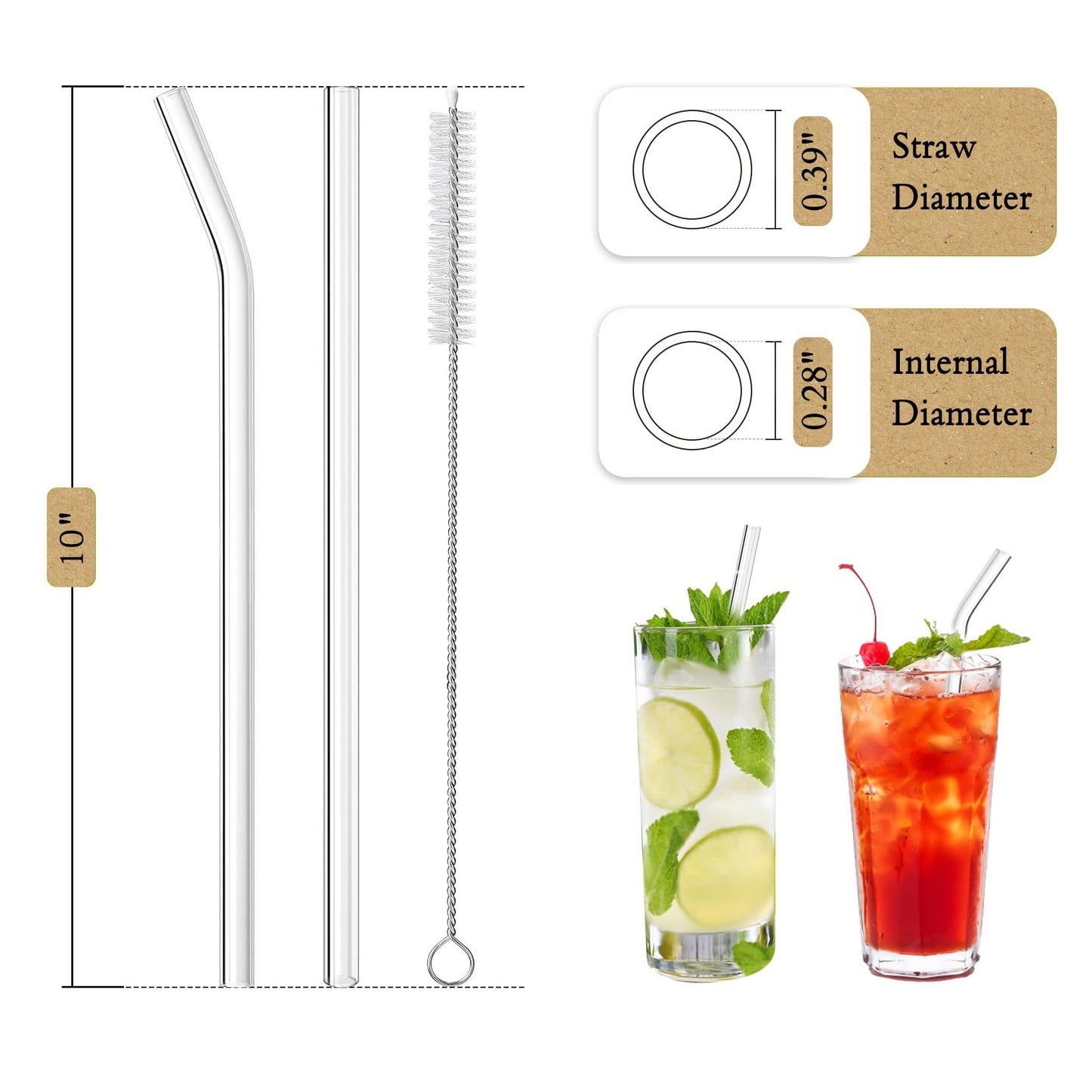 Piteno® 16-Pack Reusable Glass Straws, Clear Glass Drinking Straws, 10''x10MM, Set of 6 Straight and 6 Bent with 4 Cleaning Brushes, Perfect for Smoothies, Milkshakes, Juice, Tea