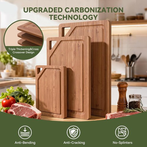 Bamboo Cutting Boards Set - 3-Pack Kitchen Chopping Boards with Deep Juice Grooves & Holder