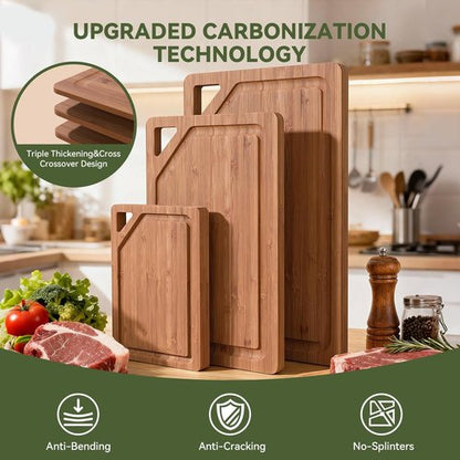 Bamboo Cutting Boards Set - 3-Pack Kitchen Chopping Boards with Deep Juice Grooves & Holder