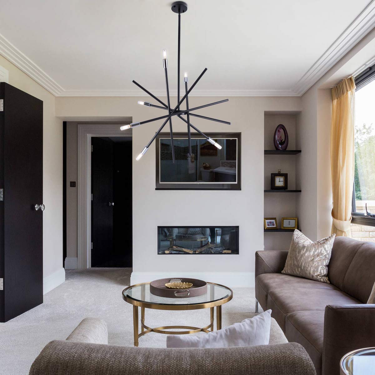 VILUXY Modern Sputnik Chandelier 6 Lights Black Linear Ceiling Pendant Light Fixture Mid Century Hanging Chandelier for Dining Room Living Room Foyer Staircase 31.5 inches