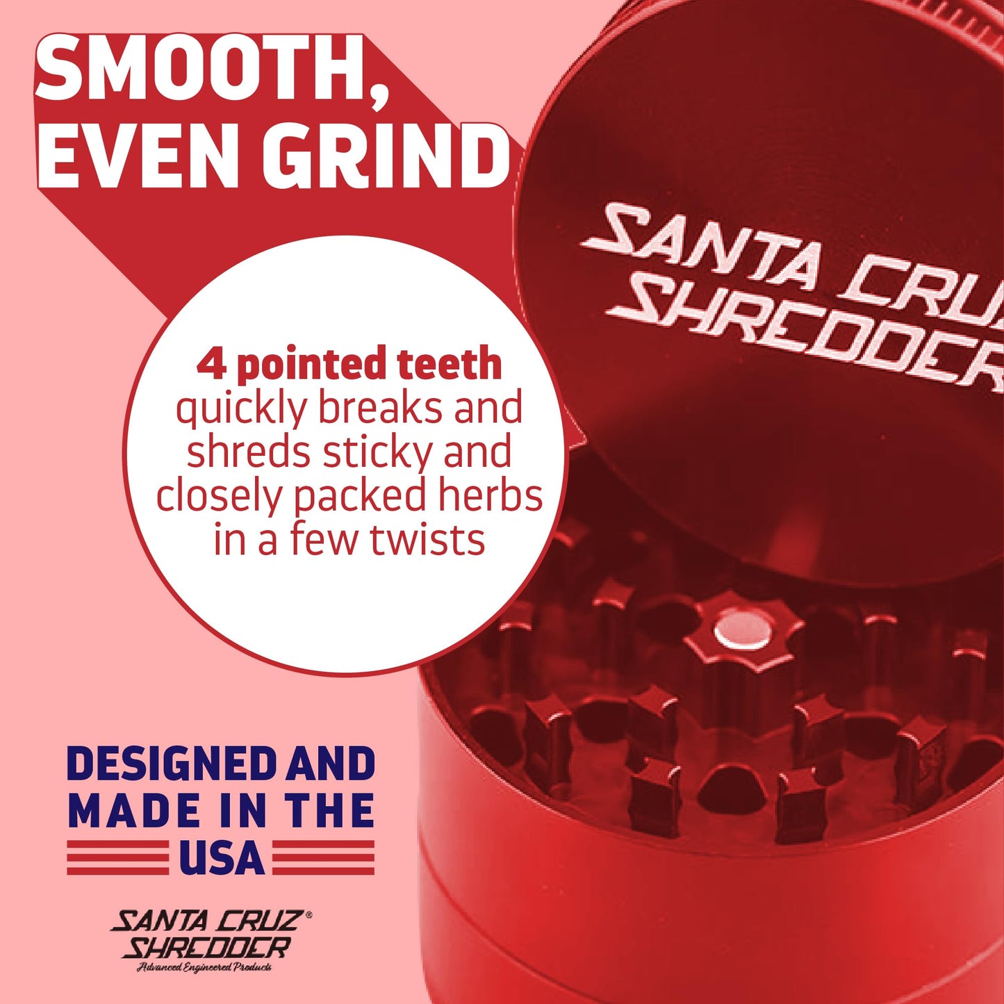 Santa Cruz Shredder Metal Herb Grinder Knurled Top for Stronger Grip 3-Piece Medium 2.2" (Red)