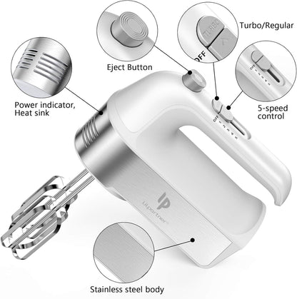 Skiennix Electric Hand Mixer - 450W Kitchen Mixer with Turbo Boost, 5 Speeds & Stainless Steel Accessories - White