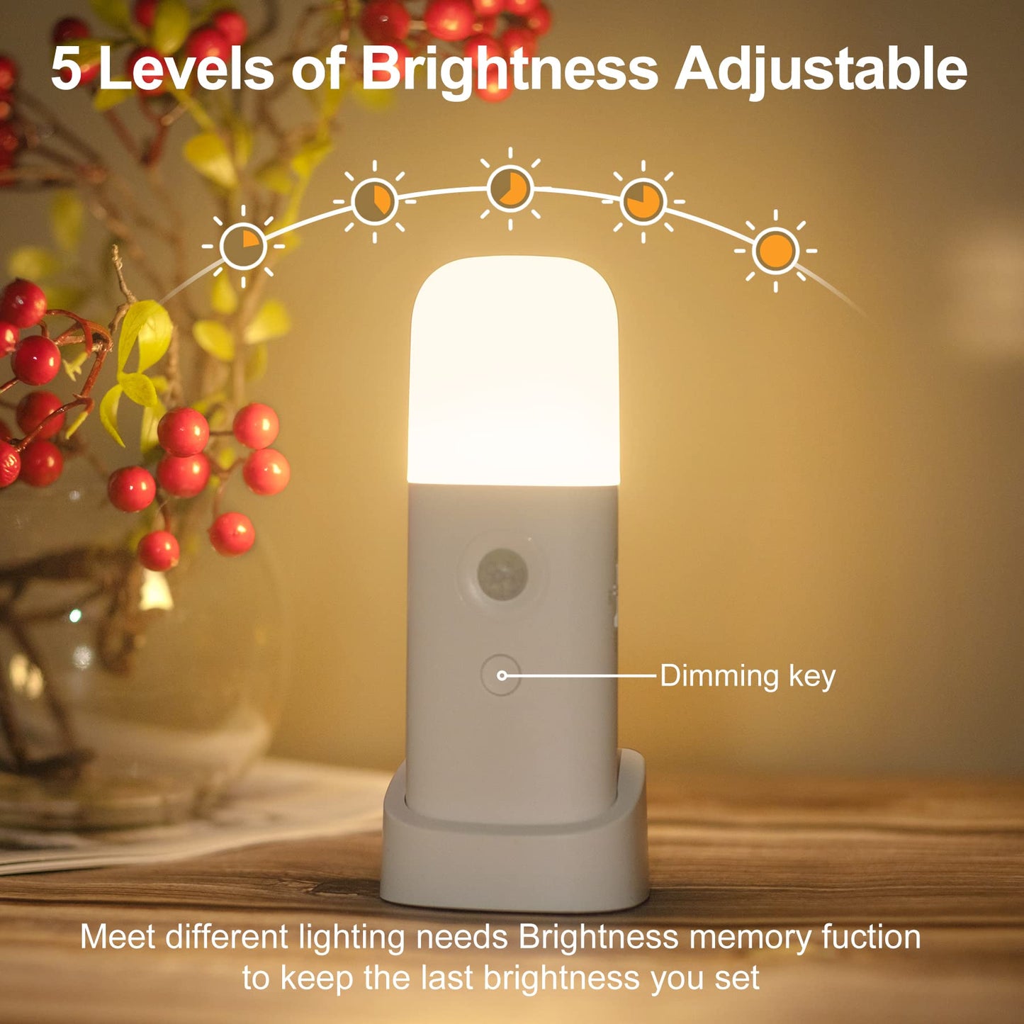 YELKO Motion Sensor Night Light, 2000mAh Rechargeable Night Lights Battery Powered, PortableＤimmable Nightlights with 5 Brightness Levels for Kids,Adults (Warm White 2Pack)