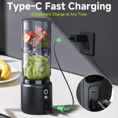 COKUNST Portable Blender - Compact 17oz Smoothie Maker with 8 Blades & LED Display | USB-C Rechargeable, Black
