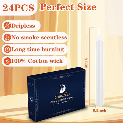 Kunrsug 24 Pack White Spell Chime Candles - Premium Mini Unscented Taper Candles for Rituals | 4 Inch Tall Ideal for Meditation & Altar Use