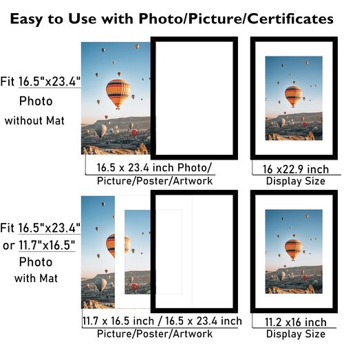 JCJMY 16.5x23.4 A2 Picture Frame Black with 11.7x16.5 A3 Mat, Display Photo 11.7x16.5 with Mat or 16.5 x 23.4 Without Mat, Wall Hanging Large Frame with Plexiglass, Black