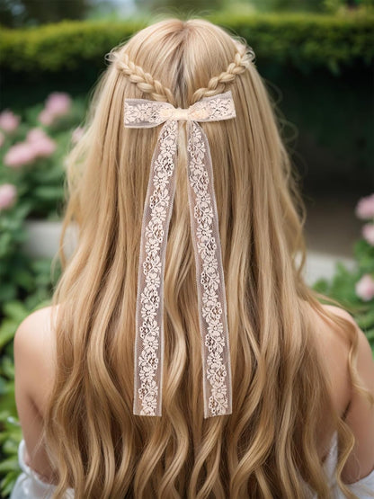 Skiennix White Lace Tulle Hair Bows - Elegant Long Tail Ribbons & Tassel Barrettes for Women