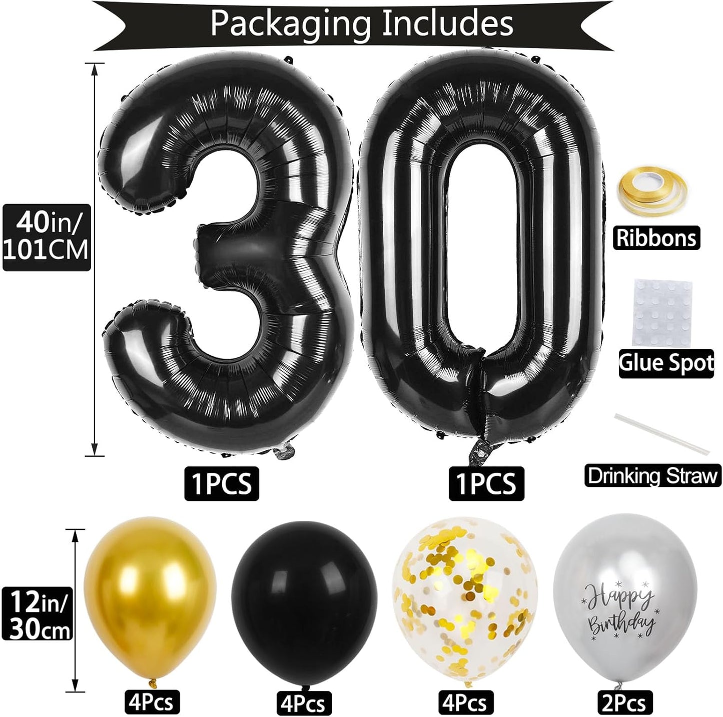 Skiennix 30th Birthday Decorations - 40-Inch Number Balloons & 12-Inch Party Balloons | 18-Piece Set for Men & Women