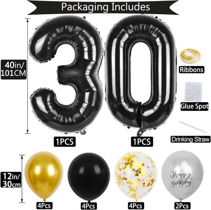 Skiennix 30th Birthday Decorations - 40-Inch Number Balloons & 12-Inch Party Balloons | 18-Piece Set for Men & Women