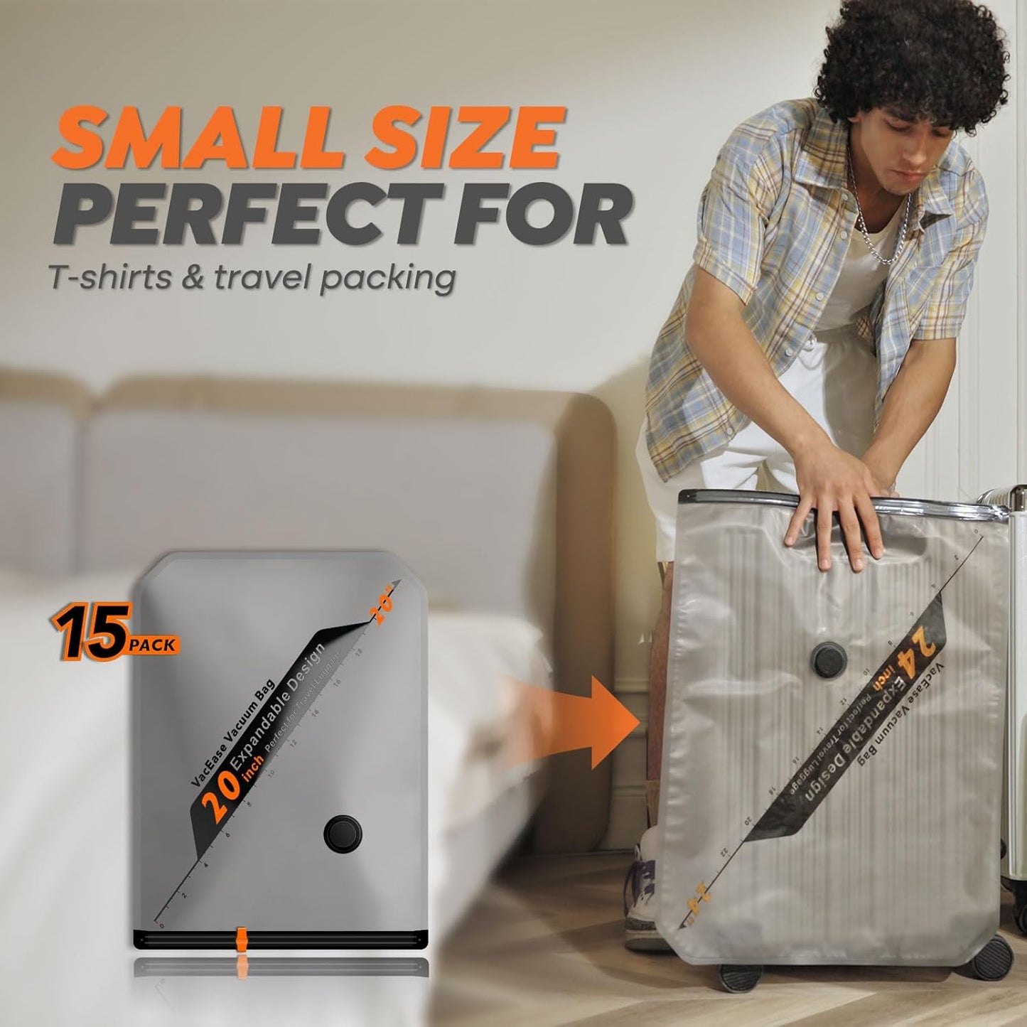 Rechargeable Wireless Pump | Travel Storage Bags Set - 15 Pack Small Vacuum Bags for Space-Saving Packing
