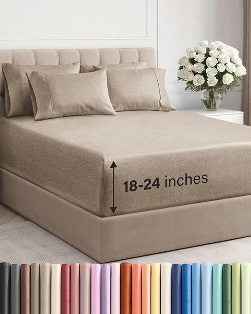Extra Deep Queen Sheet Set - 6 Piece Breathable and Cooling Sheets - Hotel Luxury Bedding for Women, Men, Kids & Teens - Easy Secure Fit - Soft & Wrinkle Free - Extra Deep Pockets - Heathered Beige
